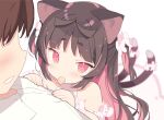  1boy 1girl animal_ears blade_(galaxist) blurry blurry_background blush cat_ears colored_inner_hair depth_of_field faceless faceless_male flower hair_flower hair_ornament hetero long_hair looking_at_viewer mouth_hold multicolored_hair multiple_tails nekoyama_nae pink_hair red_eyes short_eyebrows smile tail tail_flower tail_ornament thick_eyebrows toranoana two_side_up two_tails 