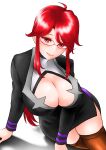  1girl absurdres arm_support black_suit breasts brown_legwear cleavage_cutout clothing_cutout formal glasses highres long_sleeves lorelei_(pokemon) pokemon pokemon_(game) pokemon_lgpe ponytail red_eyes red_hair sidelocks solo suit thighhighs toba_tsutsumi turtleneck 
