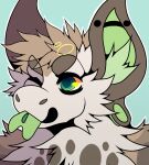  anthro black_piercing blep blue_background bust_portrait cheek_tuft chest_tuft ear_piercing facial_tuft front_view fur gauged_ear glistening glistening_eyes green_eyes green_inner_ear green_inner_ear_fluff green_piercing green_tongue hair industrial_piercing inner_ear_fluff one_eye_closed piercing portrait princelykaden simple_background solo tan_body tan_fur tan_hair tongue tongue_out tuft white_body white_fur 