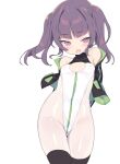  1girl bare_shoulders blade_(galaxist) blush breasts cowboy_shot embarrassed fang green_jacket highleg highleg_leotard highres jacket jacket_partially_removed leotard looking_at_viewer open_mouth original petite purple_hair simple_background skin_fang small_breasts solo twintails white_background white_leotard 