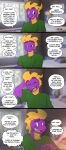  2022 2_horns 4koma absurd_res activision anthro black_pupils blonde_hair blurred_background bodily_fluids clothing comic cute_fangs dialogue dragon english_text front_view green_clothing green_shirt green_topwear hair hi_res horn inside looking_at_viewer male nervous photo_background pupils purple_body purple_eyes purple_scales raccoondouglas scales scalie shirt smile solo speech_bubble spyro spyro_the_dragon sweat sweatdrop talking_to_viewer text topwear video_games western_dragon yellow_body yellow_horn yellow_scales 