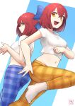  2girls absurdres alternate_costume artist_name ass back-to-back bangs blue_bow blue_eyes blue_pants bow breasts closed_mouth commentary_request fav_faris hair_between_eyes hair_bow half_updo highres hisui_(tsukihime) kohaku_(tsukihime) looking_at_another medium_breasts midriff multiple_girls navel open_mouth own_hands_together pajamas pants plaid plaid_pants pocket red_hair shirt short_hair short_sleeves siblings sisters smile socks teeth tsukihime twins upper_teeth white_legwear white_shirt yellow_eyes yellow_pants 