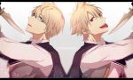  2boys ascot black_ascot blonde_hair blood blood_on_clothes brown_cape cape collared_shirt dual_persona english_text fate/grand_order fate_(series) from_side glasses green_eyes grey_background grey_vest hair_between_eyes holding holding_knife jekyll_and_hyde_(fate) knife knife_to_throat looking_at_viewer male_focus multiple_boys parted_lips red_eyes sharp_teeth shirt short_hair simple_background spiked_hair symmetry takimiho teeth tongue tongue_out upper_body upper_teeth vest white_shirt 