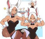  1girl alternate_hair_length alternate_hairstyle animal_ears ass black_leotard blue_background boku_no_hero_academia bow bowtie breasts chibi cleavage closed_eyes commentary cropped_legs cup dark-skinned_female dark_skin dashi detached_collar english_commentary flexing gradient gradient_background grin hands_up highleg highleg_leotard highres holding holding_tray leotard looking_at_viewer mirko multiple_views no_mouth one_eye_closed pantyhose patreon_username playboy_bunny pose rabbit_ears rabbit_tail red_eyes short_hair skindentation smile spilling star_(symbol) strapless strapless_leotard tail tray v-shaped_eyebrows web_address white_background white_hair wrist_cuffs 