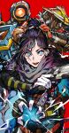  1girl 2others apex_legends blue_eyes character_request gun hair_bun handgun highres holding holding_gun holding_weapon humanoid_robot looking_at_viewer mika_pikazo multiple_others open_mouth pistol purple_hair red_background simple_background single_hair_bun solo weapon wraith_(apex_legends) 