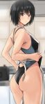  1girl adjusting_clothes adjusting_swimsuit amagami apron ass bangs black_hair black_swimsuit blush breasts competition_swimsuit embarrassed highleg highres indoors looking_at_viewer medium_breasts nanasaki_ai one-piece_swimsuit short_hair solo swimsuit yoo_tenchi 