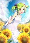  absurdres arms_behind_back blue_sky blush choker cloud delutaya dress field flower flower_field green_hair hat hat_removed headwear_removed highres indie_virtual_youtuber looking_at_viewer mountainous_horizon nishiuji sky smile sundress triangle_hair_ornament twintails white_dress white_headwear yellow_eyes 