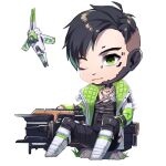  1boy apex_legends black_hair black_pants black_shirt black_vest boots charge_rifle chibi crypto_(apex_legends) drone energy_gun green_eyes hack_(apex_legends) jacket lupi_(yuni_060969) one_eye_closed pants shirt sitting smile solo undercut vest weapon white_footwear white_jacket 