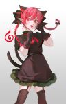  1girl :d absurdres animal_ear_fluff animal_ears black_bow black_dress black_gloves black_legwear blush bow braid cat_ears cat_tail cowboy_shot dress extra_ears eyebrows_behind_hair fangs frilled_dress frills gloves hair_between_eyes hair_bow hands_up highres kaenbyou_rin long_hair looking_at_viewer multiple_tails neck_ribbon nekomata open_mouth paw_pose pointy_ears puffy_short_sleeves puffy_sleeves red_eyes red_ribbon ribbon short_sleeves simple_background smile solo tail thighhighs tongue touhou twin_braids two_tails white_background zhiming_shang 