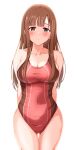  1girl arms_behind_back blush breasts brown_hair cleavage competition_swimsuit covered_navel highres hime_cut idolmaster idolmaster_cinderella_girls idolmaster_cinderella_girls_starlight_stage large_breasts long_hair mizumoto_yukari one-piece_swimsuit raindrop746079 red_swimsuit swimsuit 