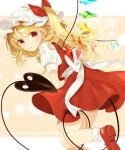  1girl back_bow blonde_hair bow closed_mouth commentary_request crystal flandre_scarlet happy hat highres laevatein_(tail) looking_at_viewer looking_back mary_janes medium_hair mob_cap puffy_short_sleeves puffy_sleeves red_eyes red_footwear red_hair red_skirt red_vest shirt shoe_soles shoes short_sleeves side_ponytail skirt smile socks solo tail touhou vest waist_bow white_headwear white_legwear white_shirt wings youtan 