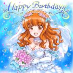  :d bangs blush bouquet breasts brown_eyes cleavage dress flower girls_und_panzer gloves happy_birthday headband jewelry kuromori_yako large_breasts looking_at_viewer necklace red_hair simple_background smile takebe_saori thick_eyebrows wedding_dress 