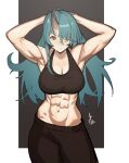  1girl abs absurdres arknights armpits arms_up blue_hair border collarbone commentary cowboy_shot distr hair_between_eyes highres horns hoshiguma_(arknights) long_hair looking_at_viewer muscular muscular_female navel signature single_horn solo sports_bra sportswear white_border yellow_eyes 