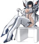  1girl bakuzan black_hair blue_eyes breasts highres junketsu kamui_(kill_la_kill) katana kill_la_kill kiryuuin_satsuki large_breasts long_hair rakeemspoon simple_background sitting solo sword thick_eyebrows thighs weapon white_background 