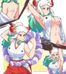  1girl arms_up back bare_back blue_hair breasts clenched_hand closed_mouth covered_nipples dashi fighting_stance from_behind green_hair groin hakama high_ponytail highres hip_vent holding holding_weapon horns japanese_clothes large_breasts long_hair looking_at_viewer multicolored_hair multiple_views nape navel no_bra one_eye_closed one_piece open_clothes open_mouth patreon_username rope shimenawa shoulder_blades sideboob sleeveless stretch weapon web_address white_hair yamato_(one_piece) 