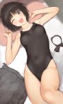  1girl ;d amagami bangs bare_shoulders black_eyes black_hair blush breasts closed_eyes covered_navel highres looking_at_viewer lying on_back one_eye_closed pleated_skirt school_swimsuit serizawa_(serizawaroom) short_hair skirt skirt_removed smile solo swimsuit tachibana_miya 