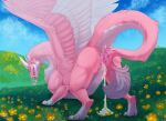  blue_eyes bodily_fluids claws cum dragon eyewear female feral flower_field fur furred_dragon genital_fluids glasses hi_res horn kettimurr leaking_cum leg_markings looking_pleasured markings pink_body pink_fur pink_tail ryzia solo white_body white_fur white_tail wings 