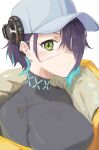  1girl absurdres arknights asbestos_(arknights) baseball_cap black_hair black_shirt blue_hair blush breasts clenched_teeth coat covered_collarbone eyepatch green_eyes grey_headwear hair_over_one_eye hat headphones highres large_breasts looking_at_viewer medical_eyepatch multicolored_hair neon_trim one_eye_covered open_clothes open_coat parted_lips radioneet saliva shirt short_hair simple_background solo taut_clothes taut_shirt teeth two-tone_hair upper_body white_background yellow_coat 