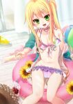  1girl :d ball bangs beachball bikini blonde_hair blood blood_bag blush bottle bow bow_bikini breasts cameltoe cleavage curtains drink_pouch drinking_straw fang flower food frilled_bikini frills green_eyes hair_ornament hairclip hat holding holding_food indoors innertube jacket jewelry karasuma_nata long_hair looking_at_viewer navel necklace off_shoulder original ponytail popsicle reaching_out scrunchie side-tie_bikini side_ponytail sidelocks sitting smile soda_bottle solo straw_hat sun_hat sunflower swimsuit vampire very_long_hair wooden_floor x_hair_ornament 