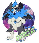  ankle_tuft anthro black_inner_ear black_wings blue_claws blue_eyes blue_hair blue_nose blue_pawpads blue_tongue blue_wings cheek_tuft chest_tuft claws digitigrade facial_tuft fangs featureless_crotch fur glistening glistening_eyes glistening_nose grey_body grey_ears grey_fur grey_tail hair knee_tuft leg_tuft male markings membrane_(anatomy) membranous_wings neck_tuft open_mouth pawpads princelykaden solo standing striped_body striped_fur striped_markings striped_tail stripes tail_markings tongue tongue_out tuft wings 