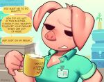  2022 annoyed anthro beverage breasts cleavage clothed clothing coffee dialogue domestic_pig english_text female lilmoonie mammal mug oinky_(lilmoonie) pink_body pink_skin solo suid suina sus_(pig) text unbuttoned_shirt 