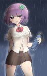  1girl bangs black_bra blue_umbrella bow bra brown_skirt clover_hair_ornament commentary_request hair_ornament highres holding holding_umbrella looking_at_viewer navel original purple_eyes purple_hair rain red_bow see-through shirt short_hair short_sleeves simoyuki skirt solo umbrella underwear wet wet_clothes white_shirt 