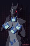  80&#039;s_theme anthro breasts convenient_censorship dragon female floppy_disk freilika_(thacurus) gesture looking_at_viewer machine nude pointing pointing_at_self presenting robot scalie screen screen_face simple_background solo thacurus 