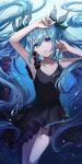  1girl absurdres armpits ayatsuki_hina bangs bare_arms black_bow black_dress blue_eyes blue_hair bow breasts collarbone dress floating_hair hair_between_eyes hair_bow hatsune_miku highres long_hair open_mouth shinkai_shoujo_(vocaloid) shiny shiny_hair short_dress sleeveless sleeveless_dress small_breasts solo twintails underwater very_long_hair vocaloid 