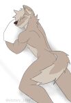  anthro butt canid canine canis fur looking_at_viewer looking_back looking_back_at_viewer lying male mammal muscular muscular_male pillow shirtless shirtless_anthro shirtless_male solo tan_body tan_fur victory_clint wolf 