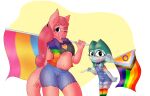  absurd_res ambiguous_species anthro belly big_hair blue_body blue_skin bottomwear bubbletea caflec clothed clothing collar crop_top cutoffs denim denim_clothing duo female fimoman goblin green_hair hair hi_res holding_object hotpants humanoid knee_highs legwear lgbt_pride looking_at_viewer one_eye_closed overalls pansexual_pride_colors pink_body pink_skin pride_color_clothing pride_color_flag pride_colors rainbow_pride_colors shirt shorts simple_background sleeveless_jacket topwear tulpa wink winking_at_viewer 
