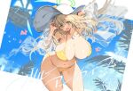  1girl aircraft bikini blonde_hair blue_archive blush breasts cleavage collarbone commentary_request dated fbc green_eyes halo hat helicopter huge_breasts leaning_forward long_hair looking_at_viewer navel nonomi_(blue_archive) nonomi_(swimsuit)_(blue_archive) official_alternate_costume open_mouth outdoors outside_border plump side-tie_bikini solo sun_hat swimsuit wind yellow_bikini 