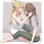  2girls bare_arms blonde_hair border bow breasts brown_hair cleavage closed_eyes collarbone commentary_request couple dress from_side full_body granblue_fantasy green_pants grey_background grey_shirt grin hair_bow high_ponytail highres katalina_(granblue_fantasy) kneeling long_hair looking_at_another medium_breasts miso-ha_(ukyuu) multiple_girls open_mouth pants red_eyes red_ribbon ribbon shiny shiny_hair shirt short_dress sitting sketch sleeveless sleeveless_dress smile straight_hair t-shirt towel towel_on_head very_long_hair vira_(granblue_fantasy) white_border white_bow white_dress yuri 