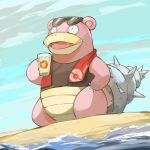  black_eyes claws commentary_request cup day fangs holding holding_cup no_humans open_mouth outdoors oyasuminjyutsu pokemon pokemon_(creature) pokemon_(game) pokemon_unite red_towel sand shore slowbro solo standing sunglasses tongue towel towel_around_neck water 