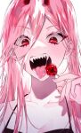  1girl bare_shoulders breasts candy chainsaw_man cleavage demon_girl eyelashes food hair_between_eyes halterneck hand_up highres holding holding_candy holding_food holding_lollipop horns lollipop long_hair looking_at_viewer open_mouth pb_q pink_hair power_(chainsaw_man) red_eyes red_horns saliva sharp_teeth simple_background sleeveless slit_pupils solo spaghetti_strap teeth tongue tongue_out white_background 
