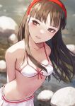  1girl amagi_yukiko arms_behind_back bangs bikini black_hair blurry blurry_background blush breasts brown_eyes cleavage collarbone fagi_(kakikaki) hairband halterneck leaning_forward light_smile long_hair looking_at_viewer navel outdoors parted_lips persona persona_4 red_hairband small_breasts solo swimsuit 