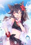  1girl ;p animal_ear_fluff animal_ears bangs bikini black_bikini black_hair blue_sky blush closed_mouth cloud cloudy_sky commentary_request day flower hagoromo hair_between_eyes hair_bun hair_flower hair_ornament hand_on_hip hand_up hibiscus highres ittokyu long_hair navel one_eye_closed original outdoors red_eyes red_flower sarong see-through shawl sky smile solo swimsuit tongue tongue_out 