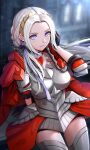  1girl armor black_gloves boobplate breastplate cape commentary_request cowboy_shot edelgard_von_hresvelg fire_emblem fire_emblem:_three_houses fire_emblem_warriors:_three_hopes forehead gloves gonzarez hair_ribbon hand_up headband highres long_hair purple_eyes purple_ribbon red_cape ribbon solo standing thighhighs white_hair 