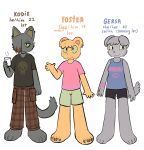  2021 absurd_res ambiguous_gender anthro biped clothed clothing crayonzii digital_drawing_(artwork) digital_media_(artwork) domestic_cat ear_piercing english_text feet felid feline felis female foster_(crayonzii) fur gersa_(crayonzii) green_sclera group hi_res kodie_(crayonzii) male mammal model_sheet nonbinary_(lore) piercing simple_background smile text toes topwear ursid white_background 