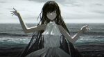  1girl artist_request bangs bare_arms bare_shoulders brown_hair closed_eyes cloud cloudy_sky dress floating_scarf long_hair ocean ress sky sleeveless sleeveless_dress smile solo very_long_hair water white_dress 