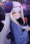  1girl :&lt; absurdres alternate_costume bangs berserker_(fate/zero) blue_kimono blush character_mask closed_mouth commentary_request fairy_knight_lancelot_(fate) fate/grand_order fate_(series) fireworks food hair_between_eyes highres holding holding_food japanese_clothes kimono long_hair looking_at_viewer mask mask_on_head night obi outdoors particle_sfs sash solo very_long_hair white_hair wide_sleeves yellow_eyes yukata 