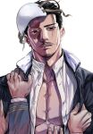 1boy abs black_eyes black_hair burn_scar clothes_grab facial_hair forehead_protector golden_kamuy hair_slicked_back hand_on_another&#039;s_shoulder highres long_sleeves looking_at_viewer male_focus mustache open_clothes scar solo_focus tobo_katsuo tsurumi_tokushirou upper_body white_background 