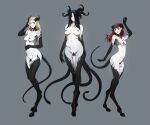  3girls arm_up black_hair blonde_hair blue_eyes breasts breasts_apart commentary demon_girl english_commentary flaccid full_body futanari grey_background hair_over_one_eye hand_in_own_hair highres hooves horns large_breasts long_hair monster_girl multiple_girls multiple_horns multiple_tails navel nipples nude original pale_skin penis pubic_tattoo purple_eyes red_eyes red_hair simple_background small_breasts small_penis tail tarakanovich tattoo 