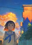  1girl bag bangs blue_neckerchief blue_sky brown_hair building carrying_bag cloud cloudy_sky expressionless fjsmu highres neckerchief original outdoors power_lines sailor_collar scenery school_uniform serafuku shirt short_hair sky solo sunset tree upper_body white_sailor_collar white_shirt 