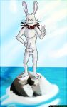  anthro balls beach bodily_fluids detailed_background erection foreskin fur garo_(artist) genital_fluids genitals gesture hand_on_hip hi_res lagomorph leporid long_ears looking_at_viewer male mammal navel nude oumagadoki_zoo penis plantigrade precum pubes rabbit rock scar scarf sea seaside shaded shiina shiina_(oumagadoki_doubutsuen) smile smirk solo standing v_sign water whiskers white_body white_fur 