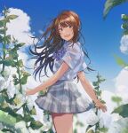  1girl bangs blue_bow blue_bowtie blue_skirt blue_sky blush bow bowtie brown_eyes brown_hair character_request cloud copyright_request dress_shirt flower fly_(marguerite) highres long_hair looking_back open_mouth outdoors plaid plaid_bow plaid_bowtie plaid_skirt plant pleated_skirt school_uniform shirt short_sleeves skirt sky smile solo standing white_flower white_shirt 
