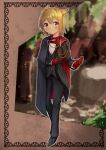  black_footwear black_pants black_suit black_vest blonde_hair blurry blurry_background blush bow bowtie brown_background cape character_request check_character clenched_hand eidlanza_esepharos formal gloves indoors kuroboshi_mozuku looking_at_viewer pants pixiv_fantasia pixiv_fantasia_last_saga red_bow red_bowtie red_gloves shoes smile suit vest watch_fob 