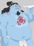  2022 anthro asian_clothing belly big_belly blue_body bluewhale127 clothing east_asian_clothing fish-men_(one_piece) fundoshi hi_res japanese_clothing jinbe kemono male marine moobs one_piece overweight overweight_male simple_background solo underwear white_clothing white_fundoshi white_underwear 