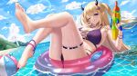  1girl :q absurdres bare_arms bare_shoulders barefoot bikini blonde_hair breasts chitu_hefeng_zhong closed_mouth full_body highres innertube large_breasts long_hair looking_at_viewer nail_polish original outdoors pointy_ears purple_bikini purple_nails sitting smile soles solo swimsuit thigh_strap thighs toes tongue tongue_out water water_gun wet 