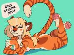  absurd_res anthro blonde_hair butt dialogue english_text fangs felid female hair heart_print hi_res lying mammal merlinmakes nude on_front pantherine pawpads paws smile smiling_at_viewer solo teeth text tiger 
