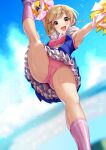  1girl :d aiba_yumi arm_up armpits bangs blue_sky blurry blurry_background blush brown_eyes cameltoe cheerleader feet_out_of_frame frilled_skirt frills from_below highres hogey_nk-2000 holding holding_pom_poms hood hoodie idolmaster idolmaster_cinderella_girls kneehighs leg_up light_brown_hair light_particles looking_at_viewer open_mouth outdoors outstretched_arm panties pantyshot pink_footwear pink_legwear pink_panties pom_pom_(cheerleading) short_hair skirt sky sleeveless smile standing standing_on_one_leg sweat underwear wristband 